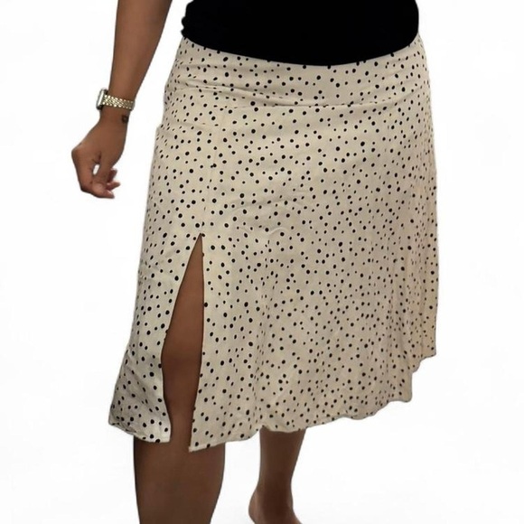 LOFT Linen Blend Side Split Polka Dot Midi Skirt Size 4 Ivory and Black - Picture 1 of 6